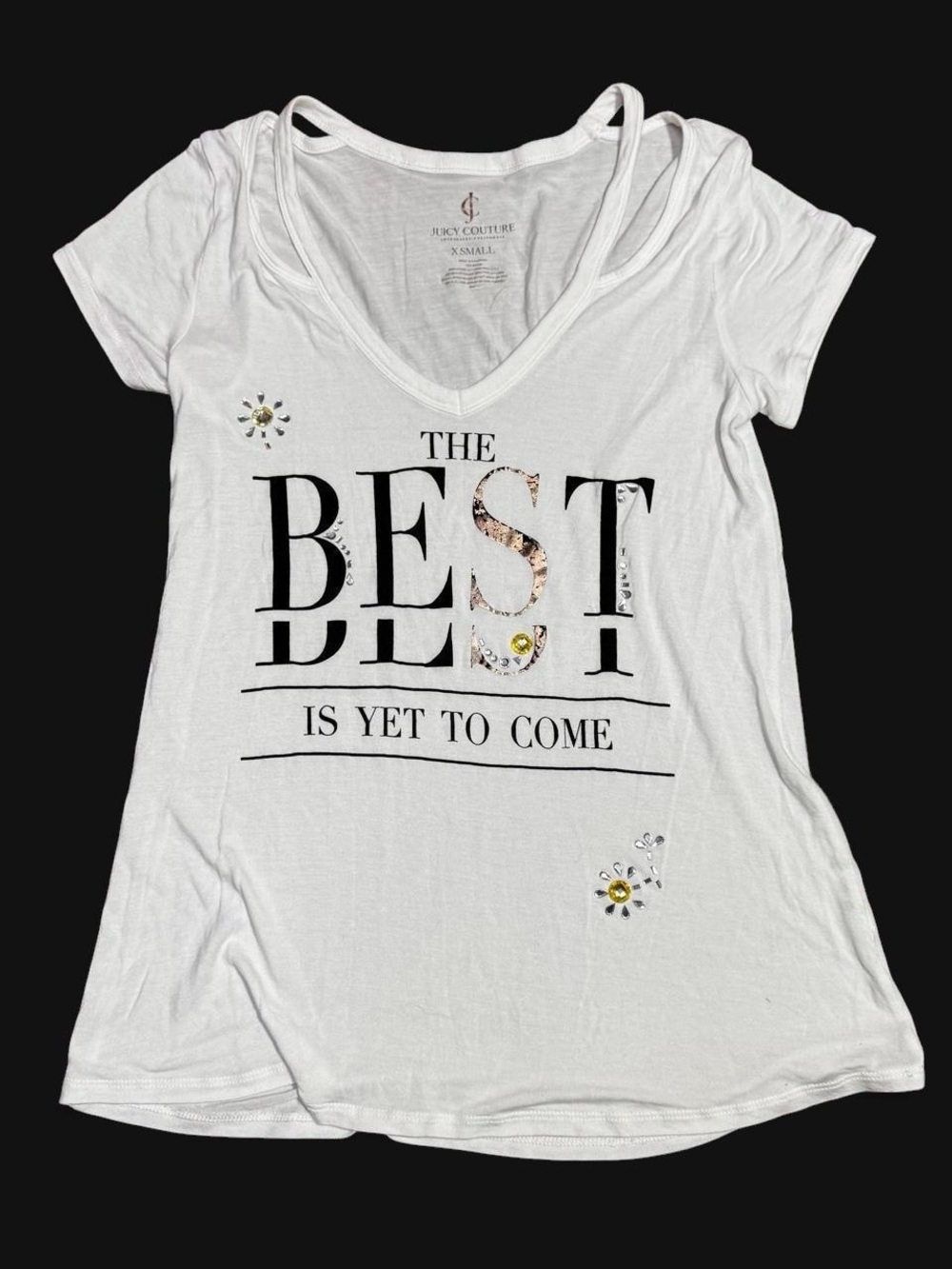 Juicy Couture White Short-Sleeve V-Neck Tee with Rhinestone Accent
